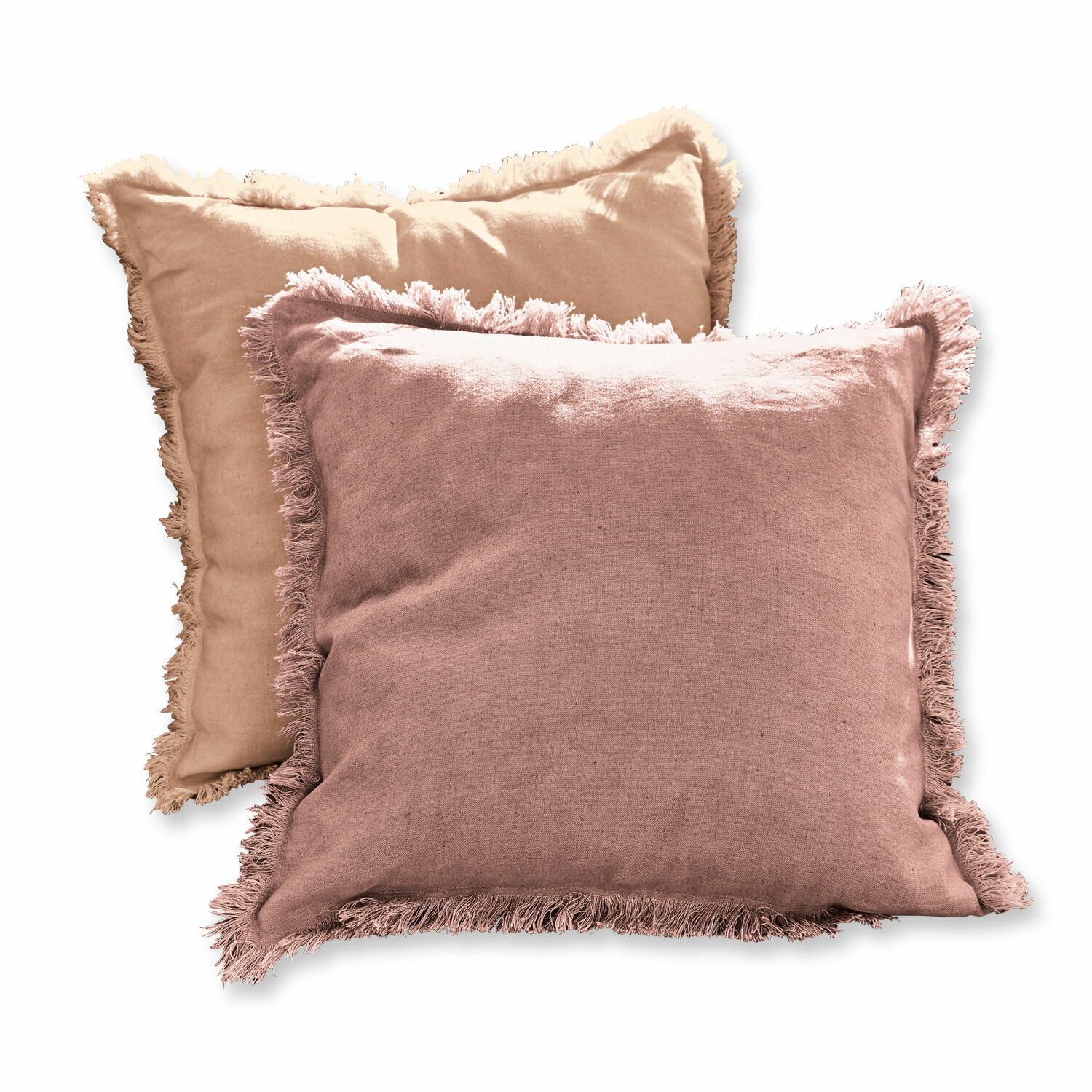 Kussenhoes set van 2 Quebo Set van twee linnen sierkussens met franjes in roze en beige voor een gezellige woonkamer