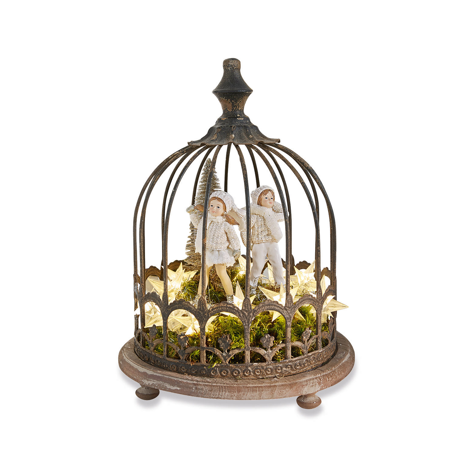 Stolp Saliers Kerstdecoratie met metalen kooi, kinderfiguren en verlichte sterren in rustieke stijl
