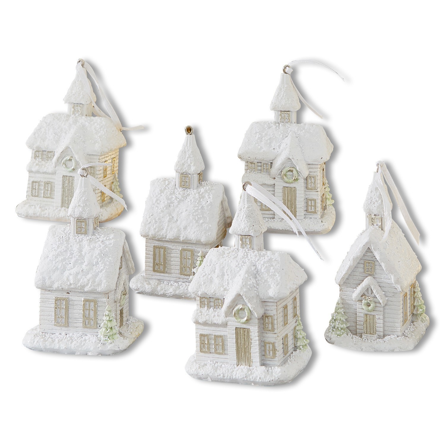 Kerstversiering set van 6 Legé Set van zes witte huisdecoraties met sneeuw effect om aan de kerstboom te hangen