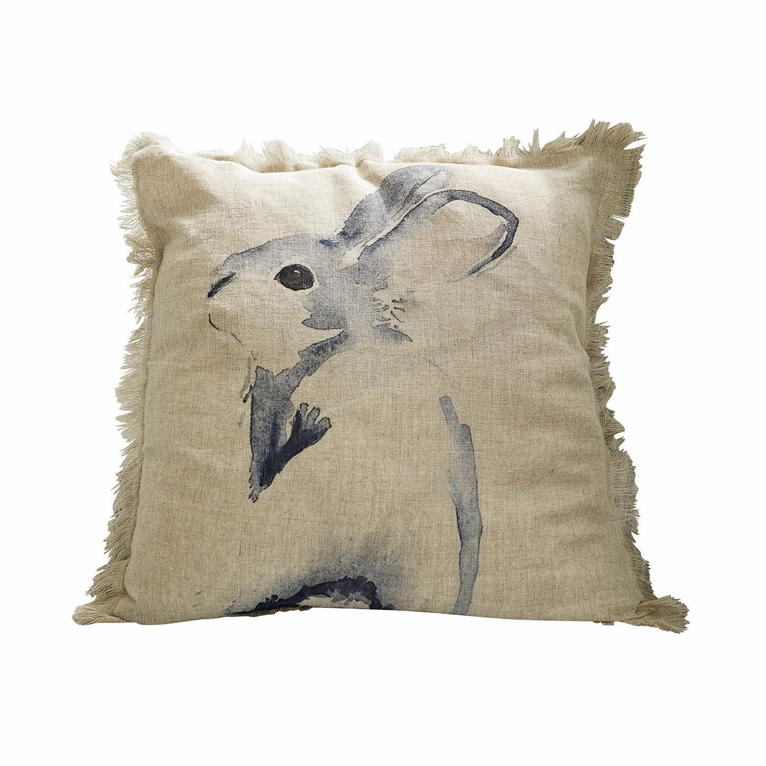 Kussenhoes Riamira Beige linnen kussen met franjes en grijze konijnenprint voor woondecoratie