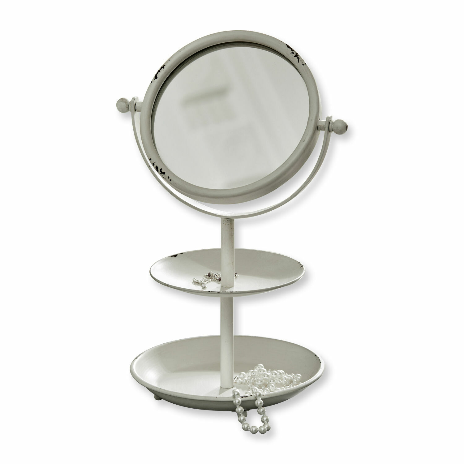 Cosmeticaspiegel Elsa Witte metalen tafelspiegel met twee schalen voor sieraden in vintage stijl