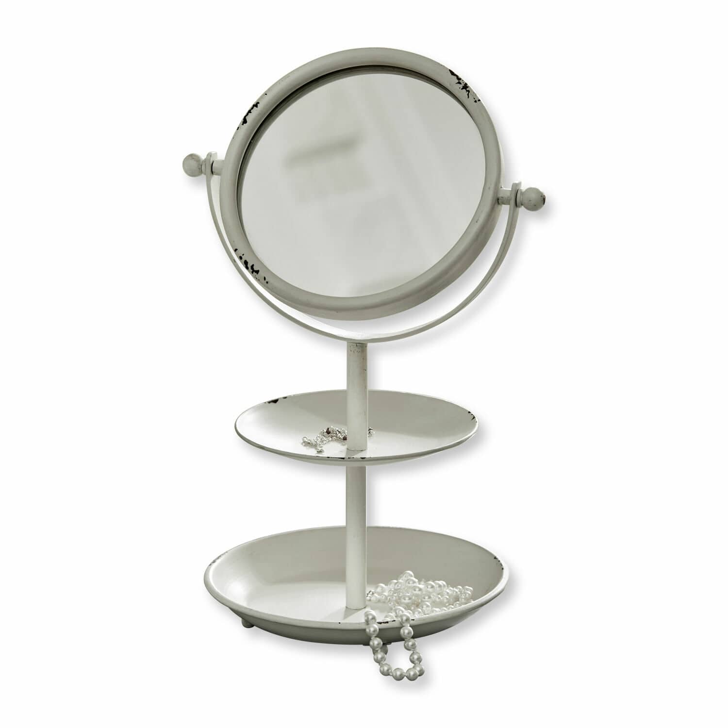 Cosmeticaspiegel Elsa Witte metalen tafelspiegel met twee schalen voor sieraden in vintage stijl