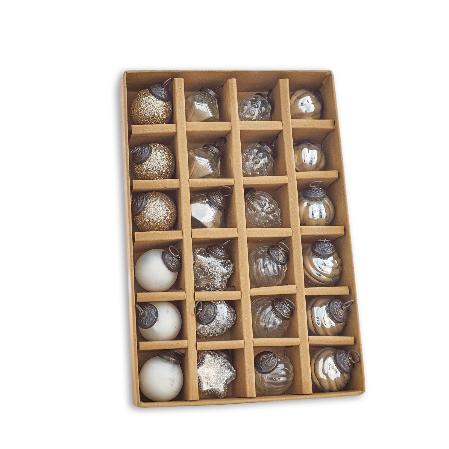 Kerstversiering set van 24 Sanary Set glazen kerstballen in goud en wit in een kartonnen doos met vakken