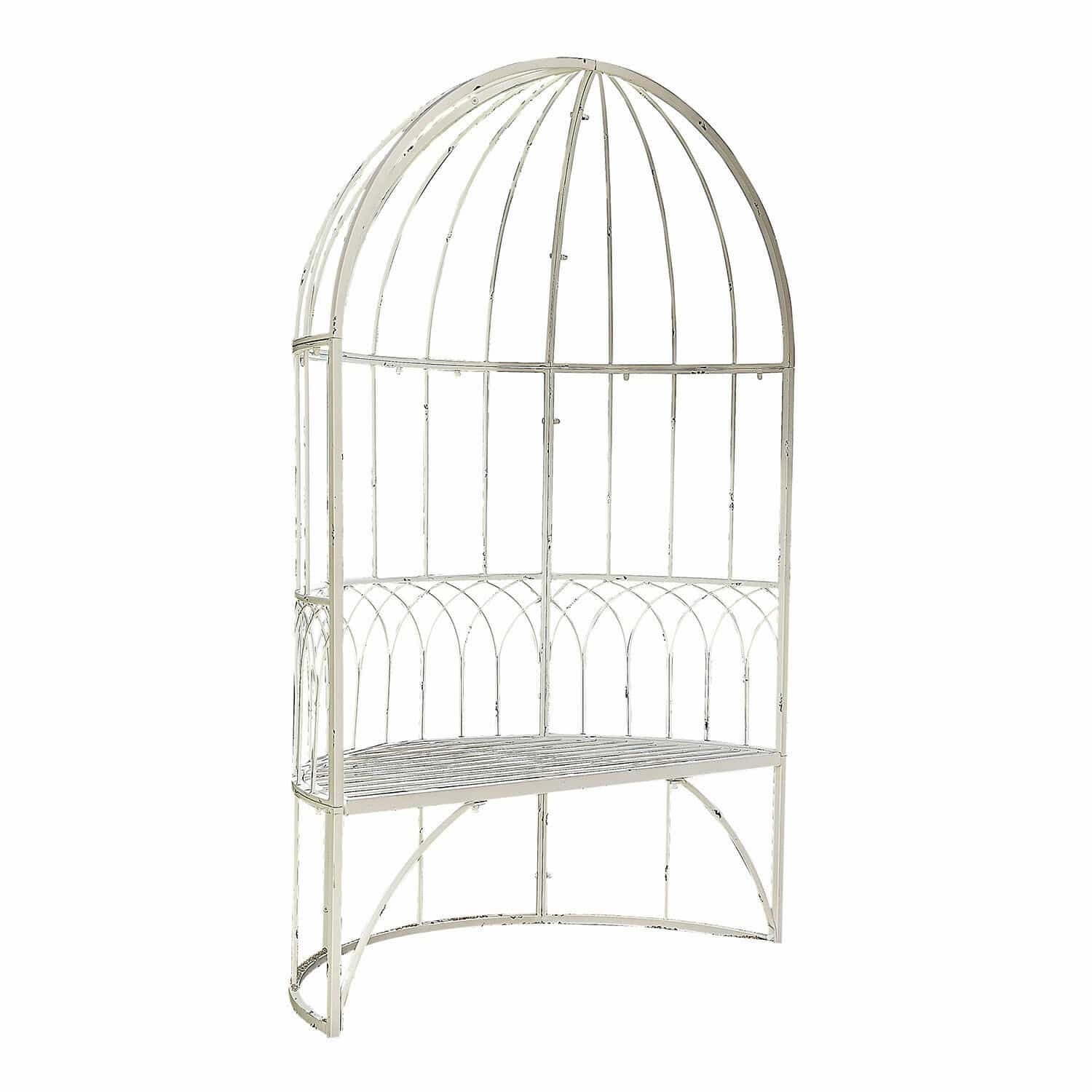 Metalen Rivandelle bank in antiek wit met decoratieve boogrugleuning voor tuinmeubilair