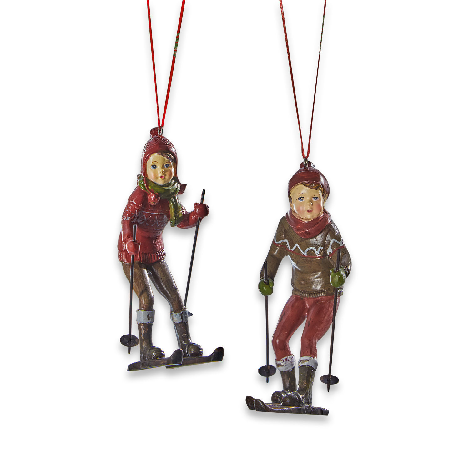 Figuurtje set van 2 Gulbin Twee hangende skiërsfiguren in rode en bruine kleding, winterse decoratie