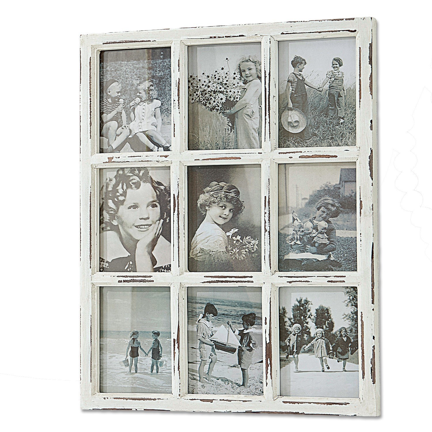 Rustieke witte houten fotolijst met negen zwart-wit vintage kinderfoto's