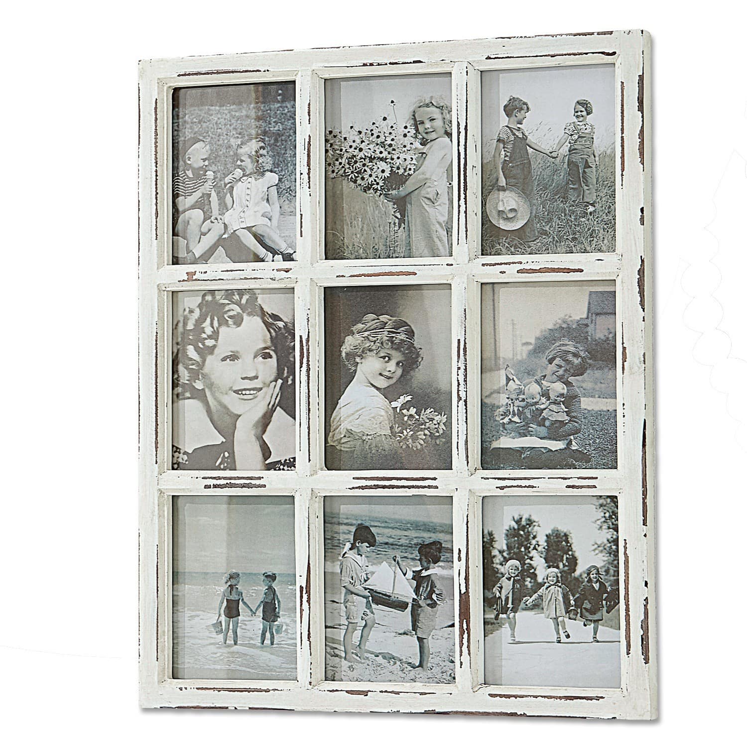 Fotolijst Vira Rustieke witte houten fotolijst met negen zwart-wit vintage kinderfoto's