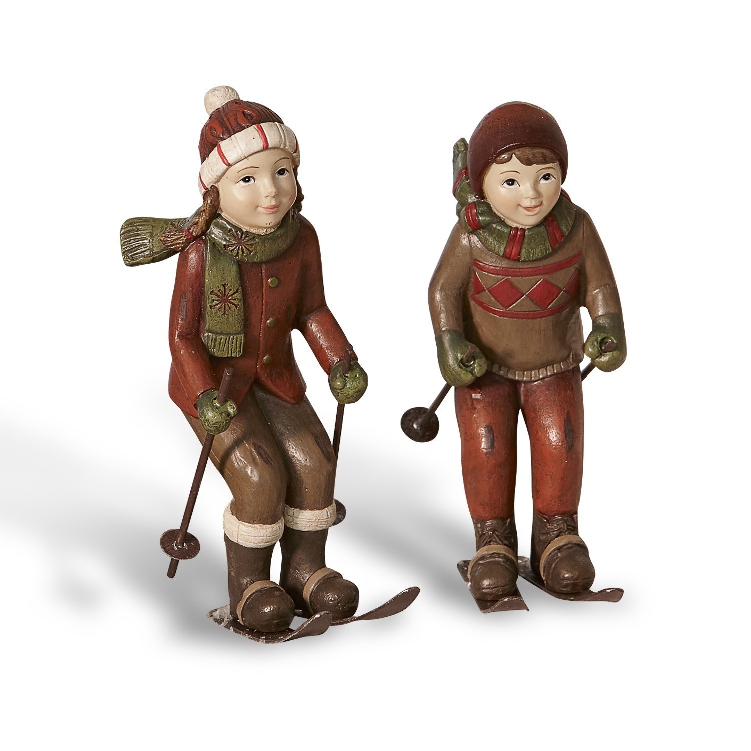 Figuurtje set van 2 Bibury Plastic figuren van kinderen in bruin-rode kleding op ski's, winterdecoratie