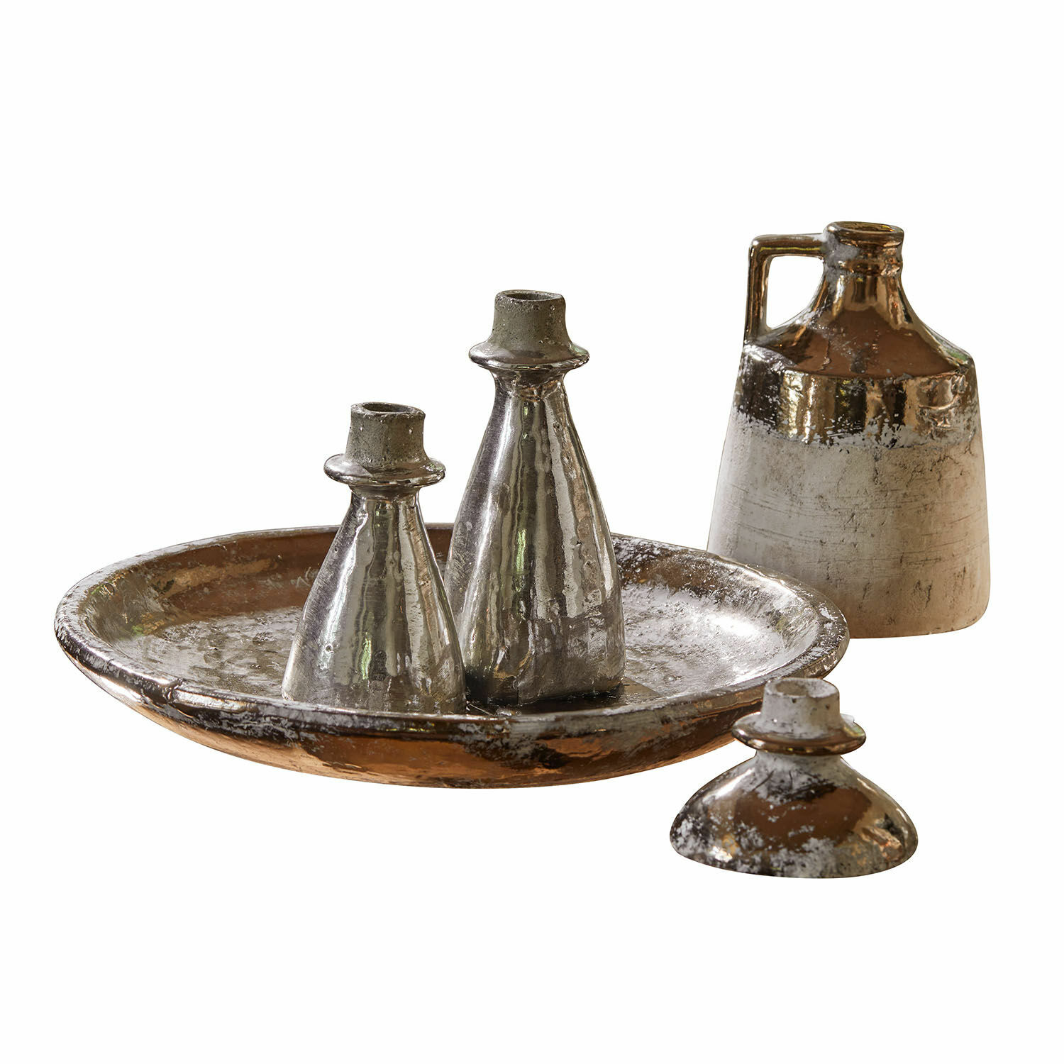 Dienblad met vazen Tameena Decoratieve keramische set in zilver-bruin met dienblad en flessen voor vintage interieur