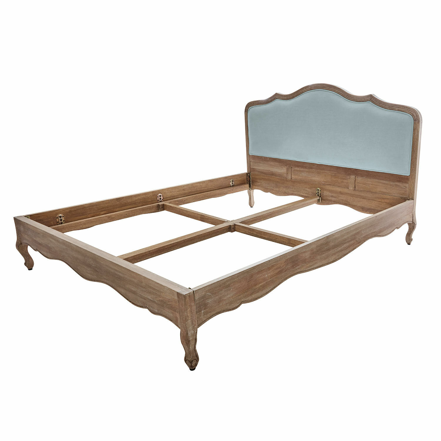 bruin/blauw Bed Serravalle van bruin hout met blauw gestoffeerd hoofdeinde, vintage stijl