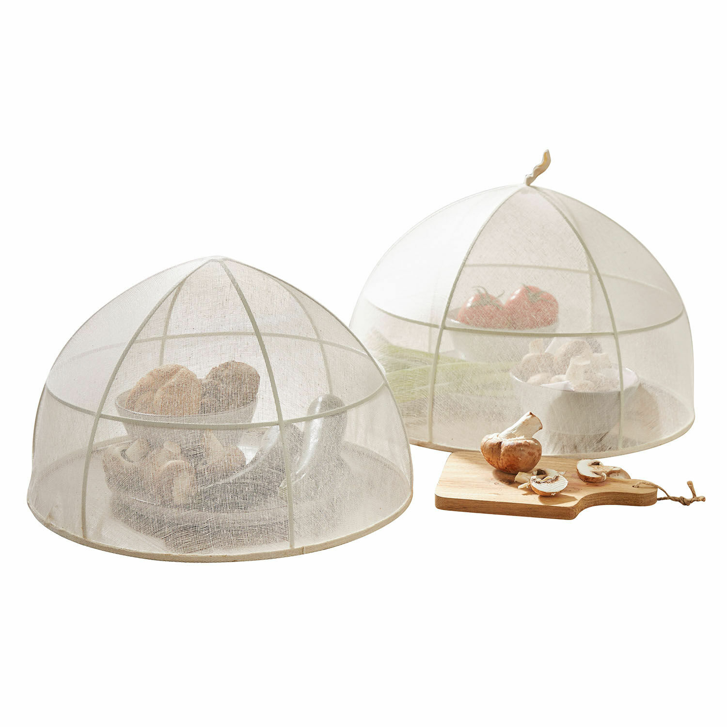 Vliegenkap set van 2 Ognéville Twee witte gaas voedselkappen beschermen groenten en fruit tegen insecten in de keuken