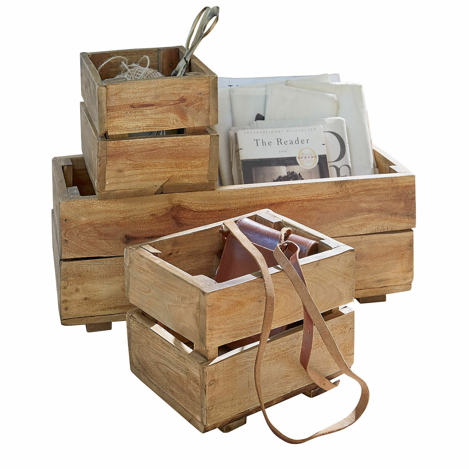 Kist set van 3 Madina Set van houten kistjes in natuurlijke kleur met leren riem en boeken voor decoratieve opslag