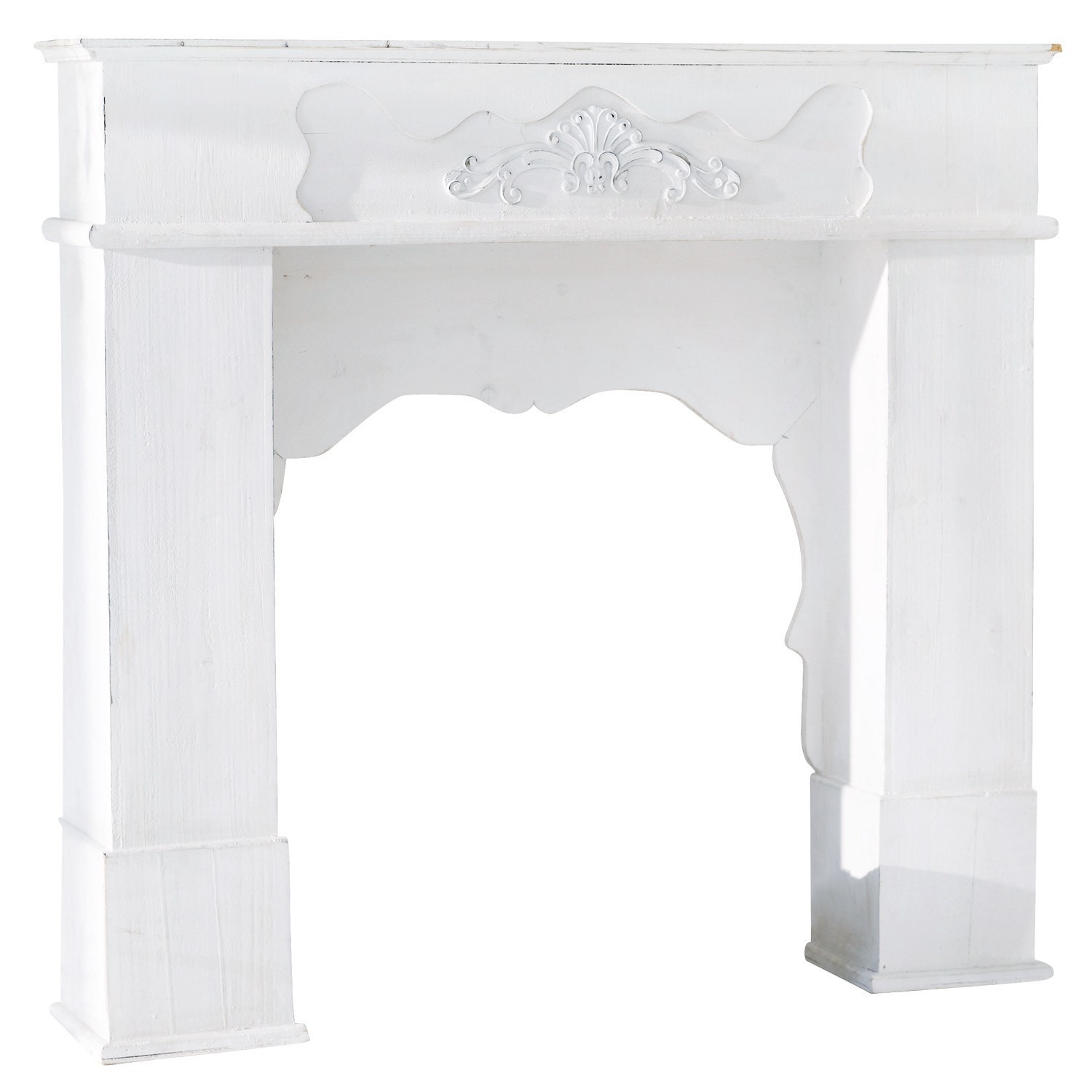 antiekwit Witte Margaux schoorsteenconsole van hout met decoratief houtsnijwerk, vintage stijl