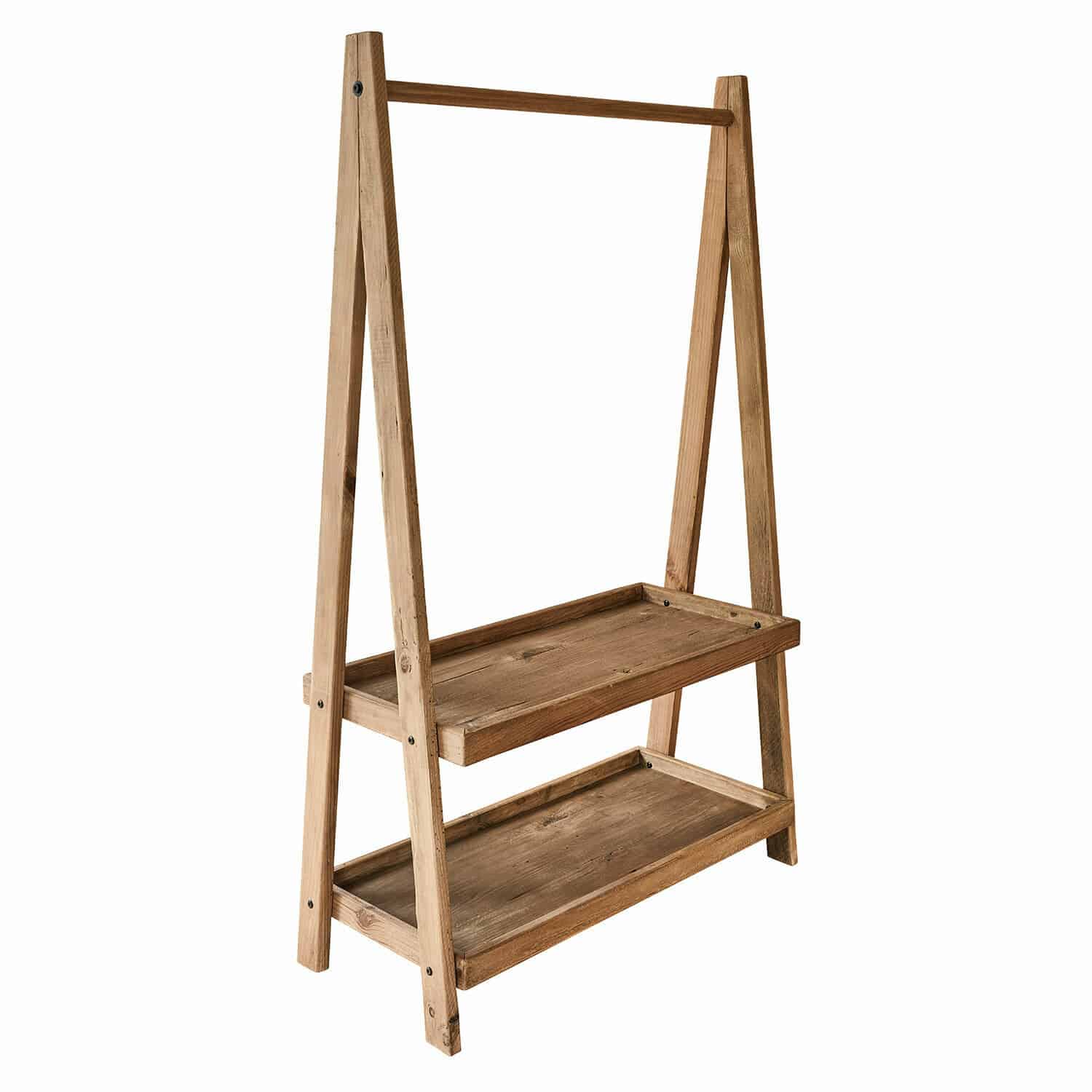 Garderoberek Avel Houten standaard met twee planken en stang, natuurlijke kleur, multifunctioneel opbergmeubel