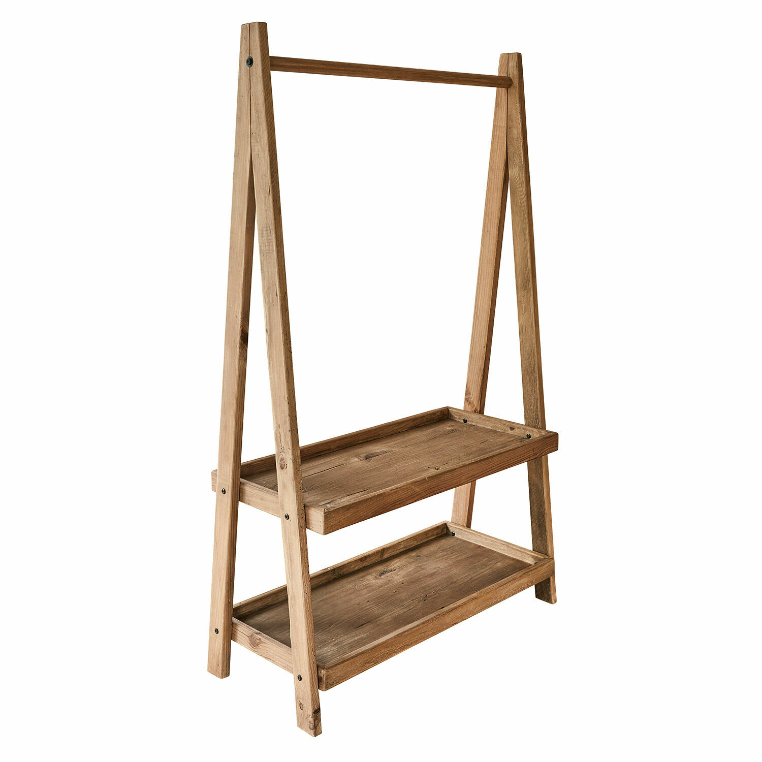 Garderoberek Avel Houten standaard met twee planken en stang, natuurlijke kleur, multifunctioneel opbergmeubel