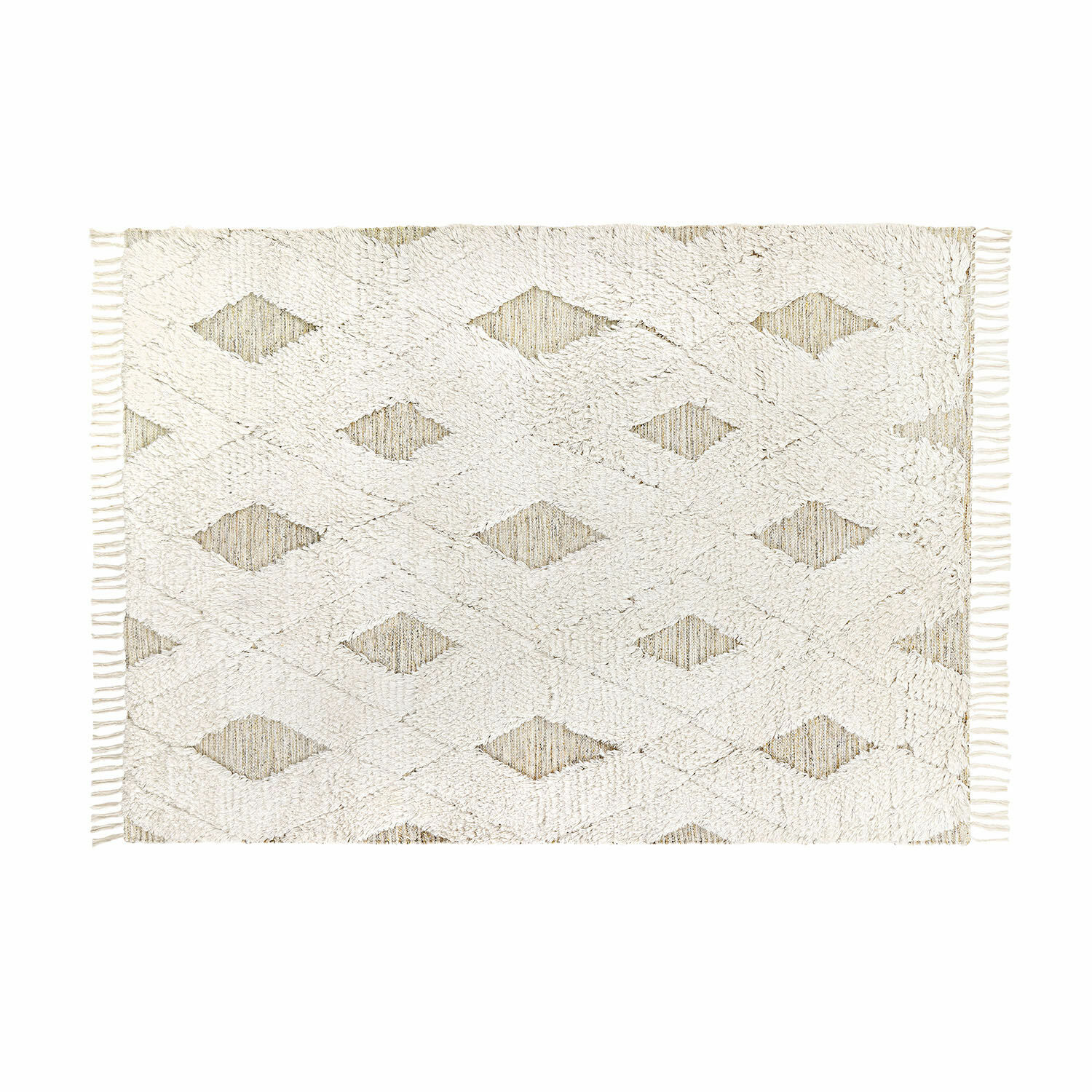 In- & outdoor vloerkleed Meagan Witte katoenen vloerkleed met geometrisch patroon en franjes, zachte interieurdecoratie