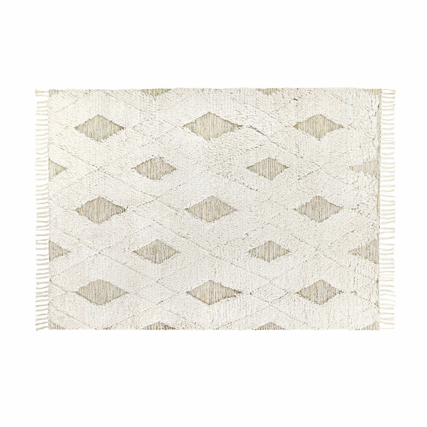 In- & outdoor vloerkleed Meagan Witte katoenen vloerkleed met geometrisch patroon en franjes, zachte interieurdecoratie
