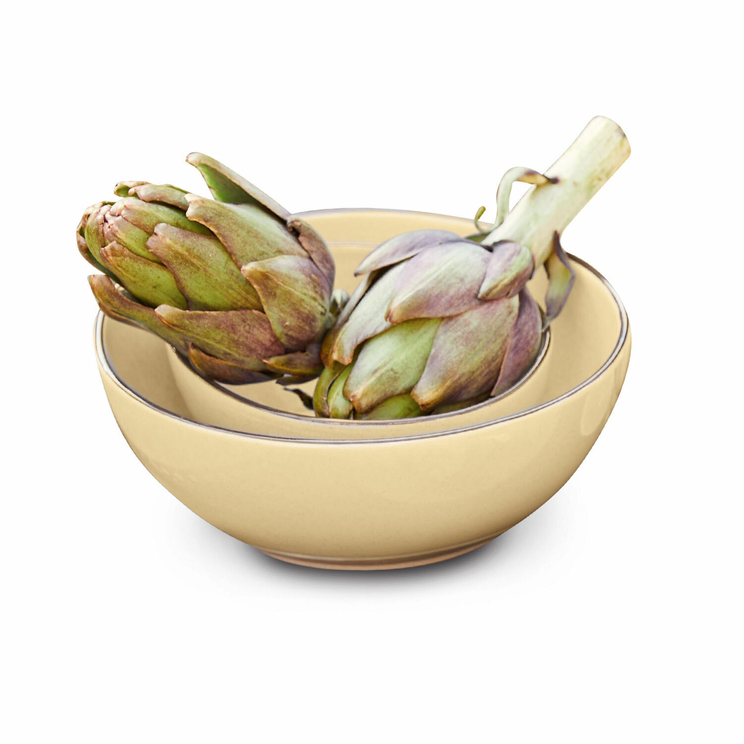 Set van twee gele keramische Biarritz kommen voor serveren en decoratie