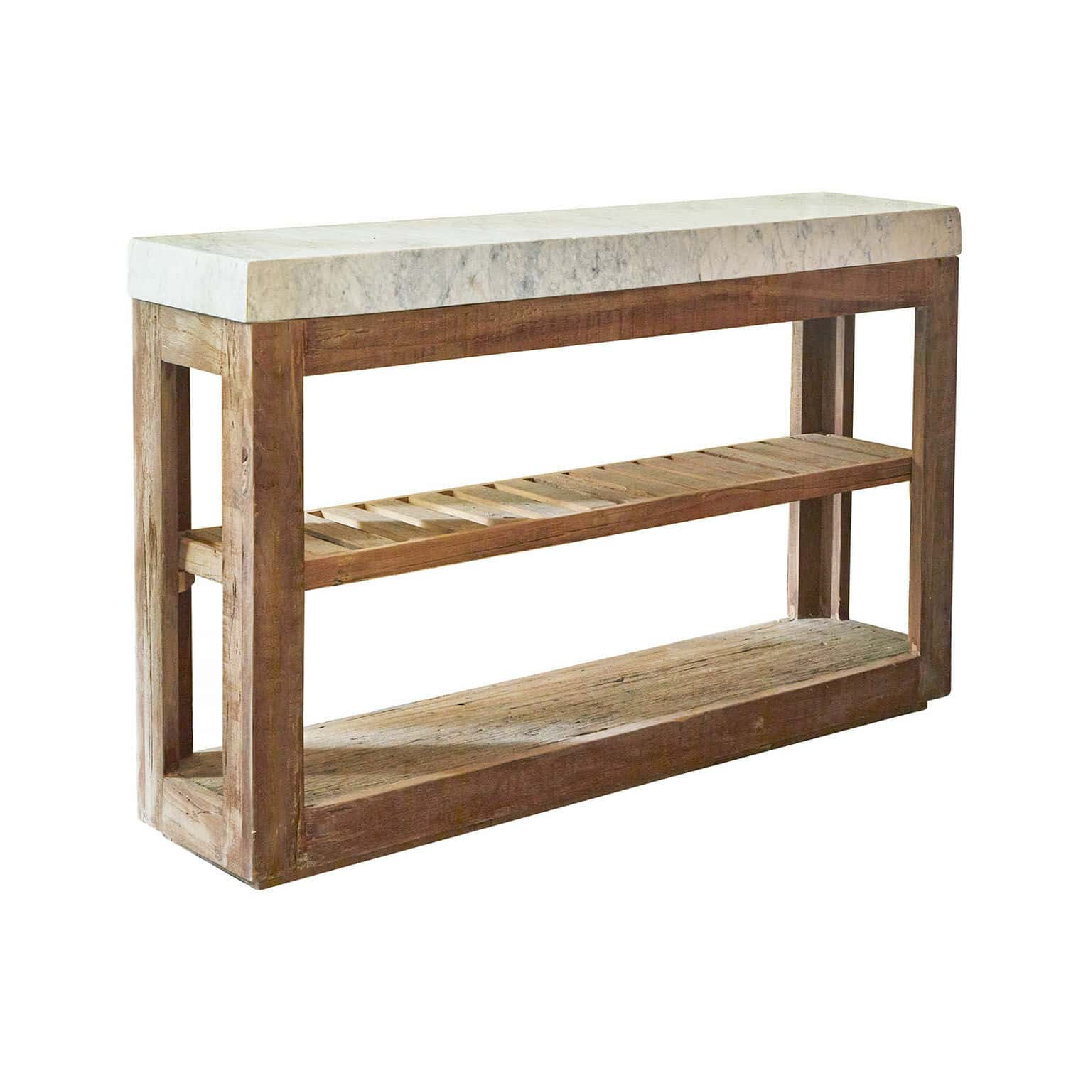 Consoletafel met wit marmeren blad en natuurlijk houten frame, stijlvolle woonkamermeubel