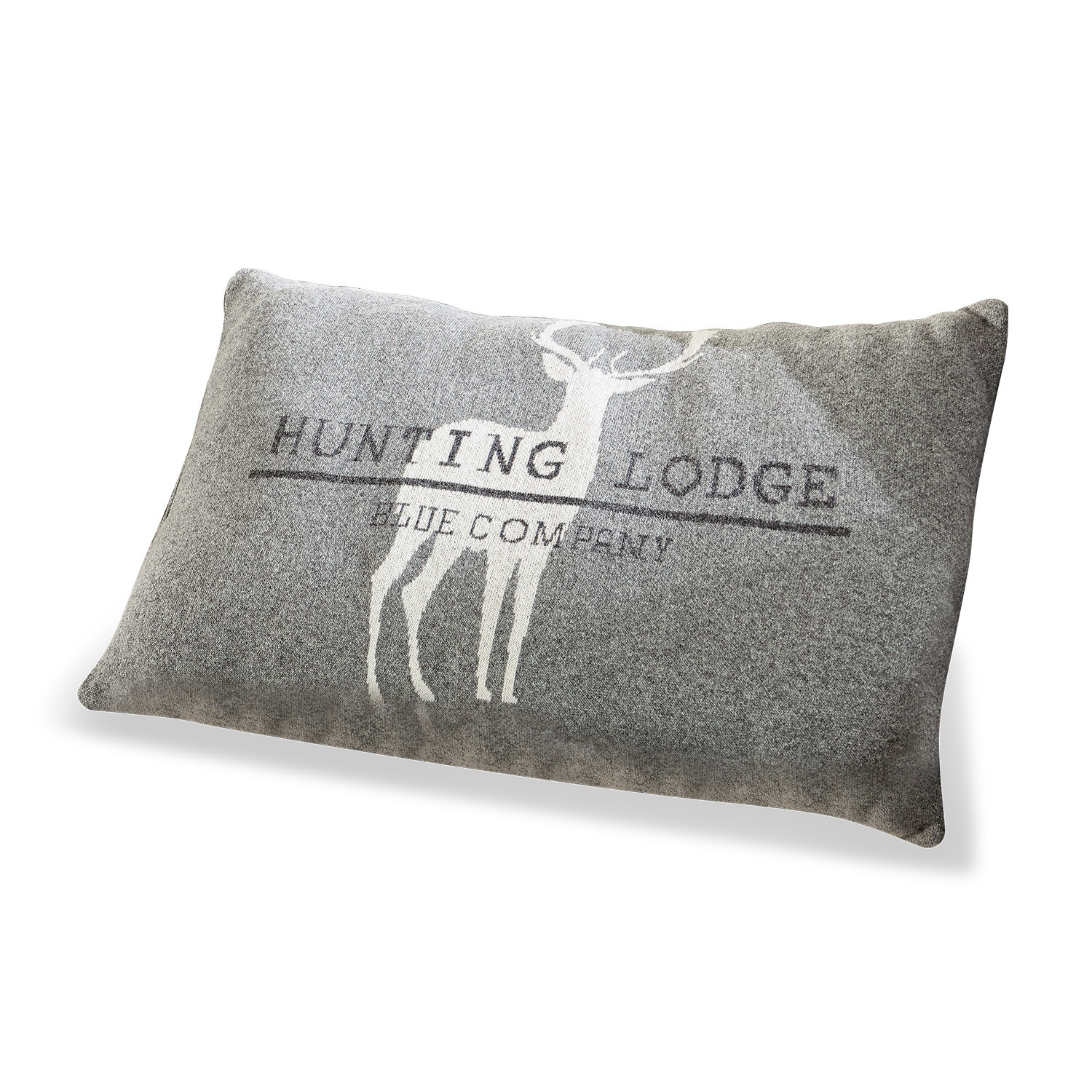 Kussen Lodge Grijs sierkussen met hertmotief en tekst Hunting Lodge, zachte stof, rustieke stijl