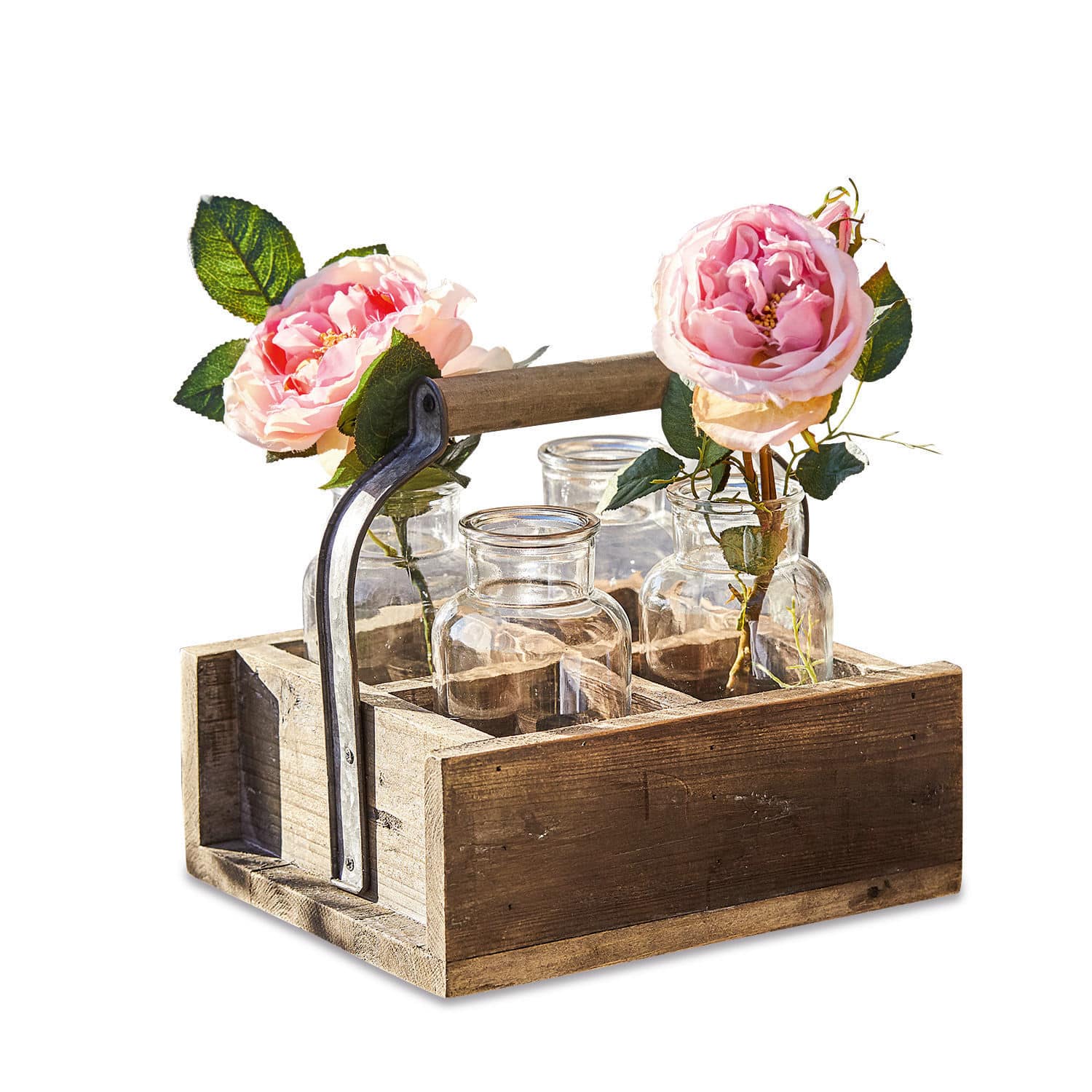 Houten draagrek met handvat en vier glazen vazen, versierd met roze bloemen