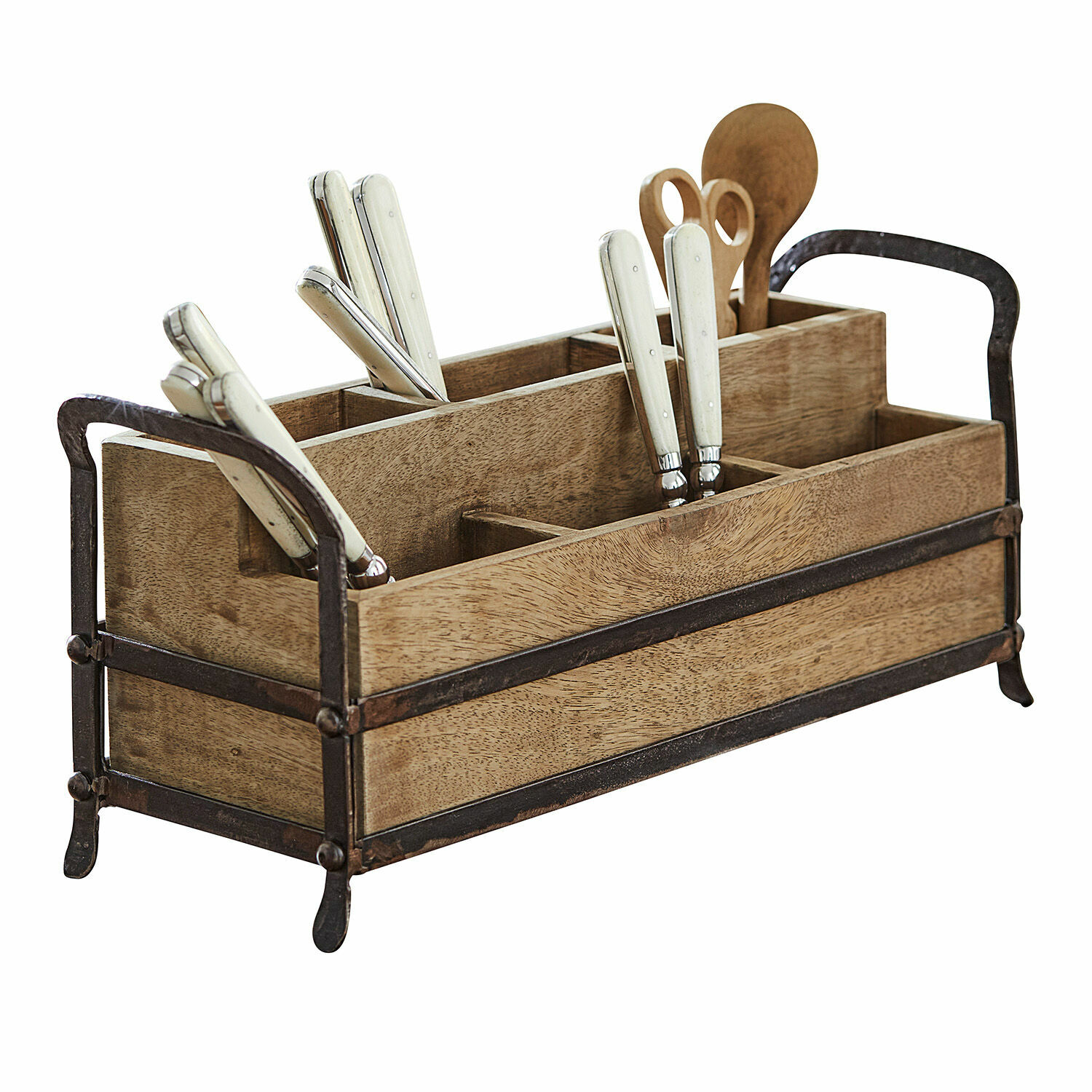 Organizer Troyes Houten keukenorganizer met metalen handvatten en wit bestek, praktische opbergruimte