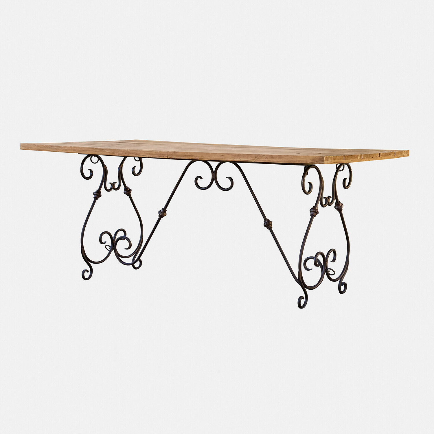 Tafel met licht houten blad en sierlijke zwarte metalen poten, eetkamermeubel