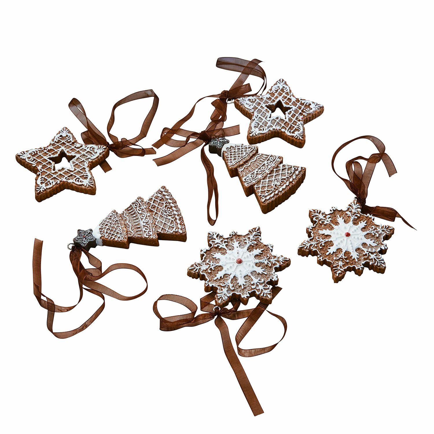 Hanger set van 6 Chimayo Set kerstversieringen van peperkoek in ster-, boom- en sneeuwvlokvorm met bruine linten