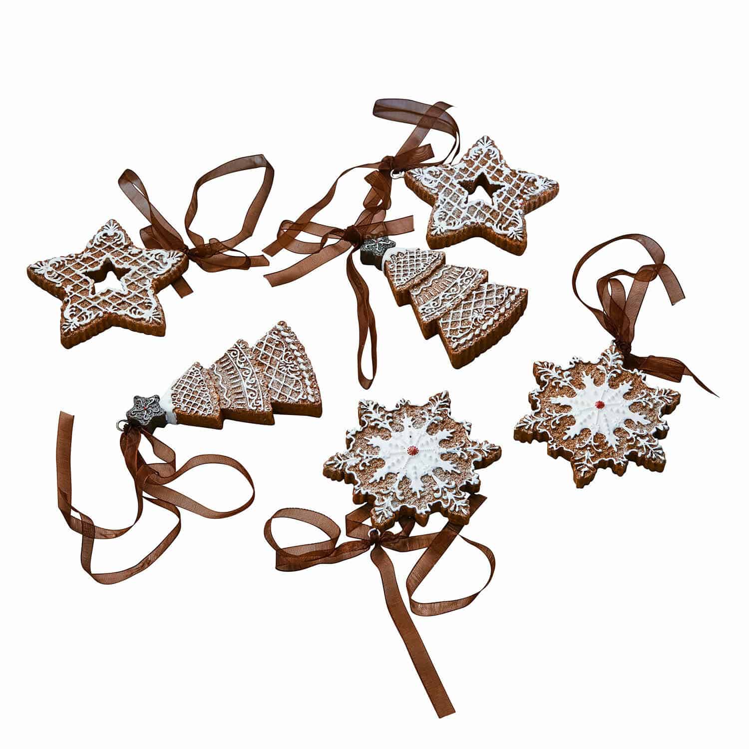 Hanger set van 6 Chimayo Set kerstversieringen van peperkoek in ster-, boom- en sneeuwvlokvorm met bruine linten