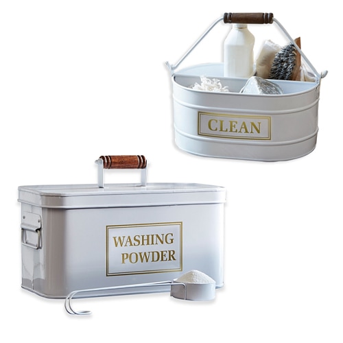 Witte metalen waspoedercontainer en opbergmand met houten handvat, schoonmaakaccessoires