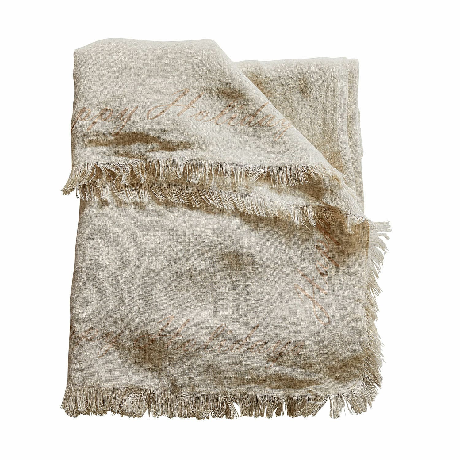 Tafelkleed Emilia Beige linnen deken met franjes en tekst Happy Holidays, zachte decoratieve plaid