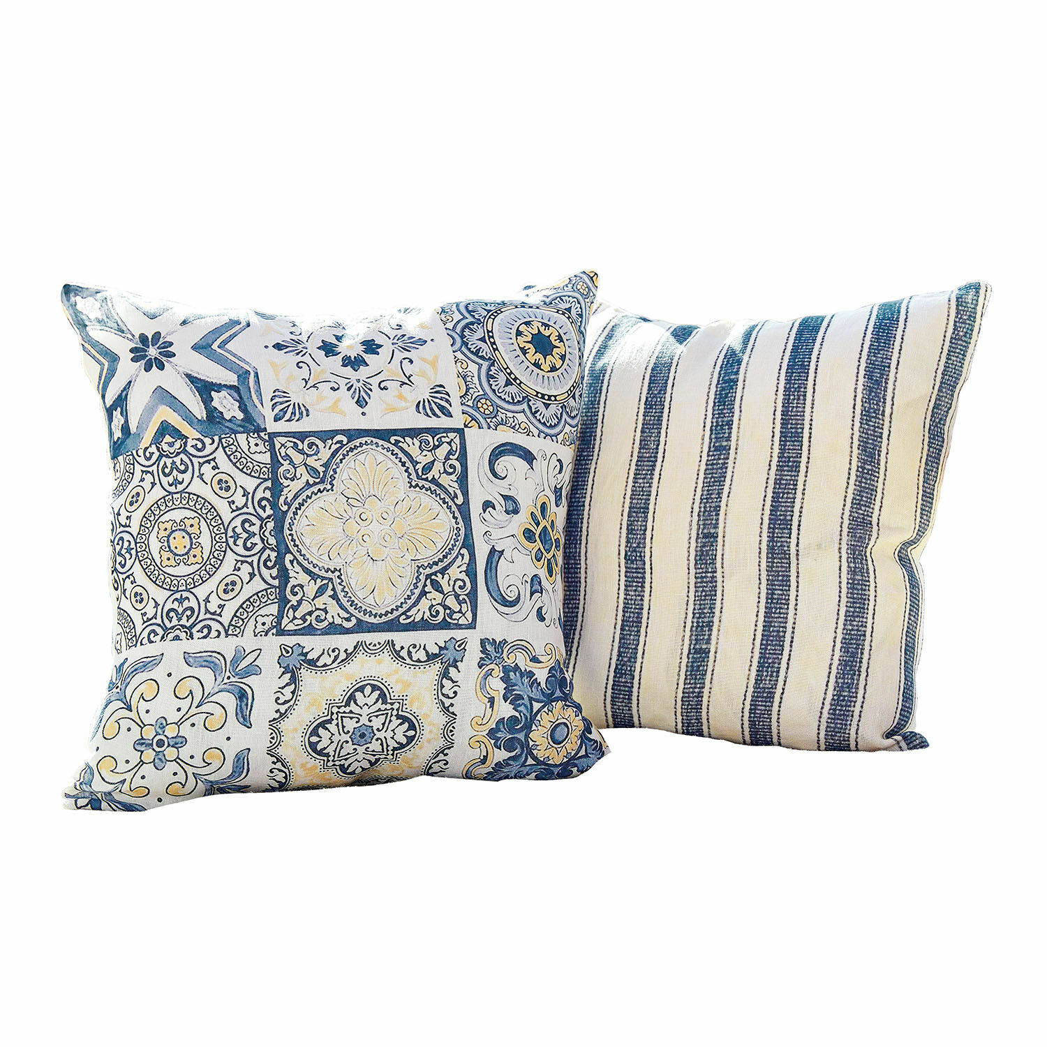 Kussenhoes set van 2 Bourrignon Set van twee decoratieve katoenen kussens met blauw-witte patronen en strepen voor woonkamer