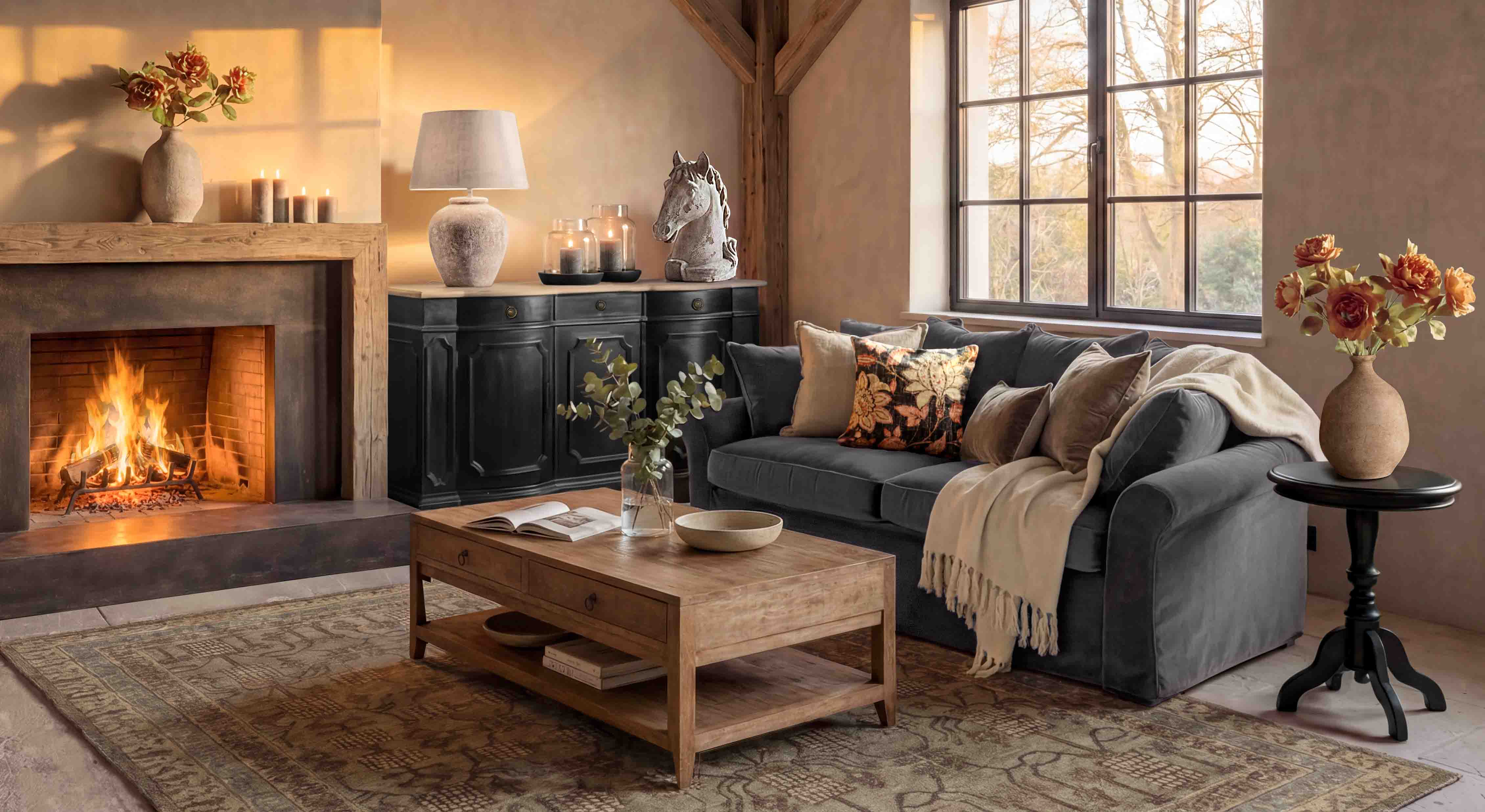 Gezellige woonkamer met open haard, grijze bank en houten salontafel op vintage vloerkleed