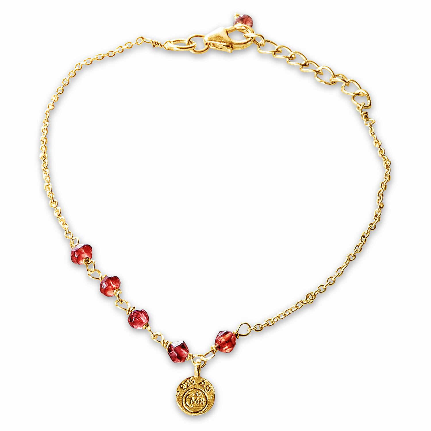 Armband Okala Fijne gouden armband met rode stenen en decoratieve medaille, dames sieraden