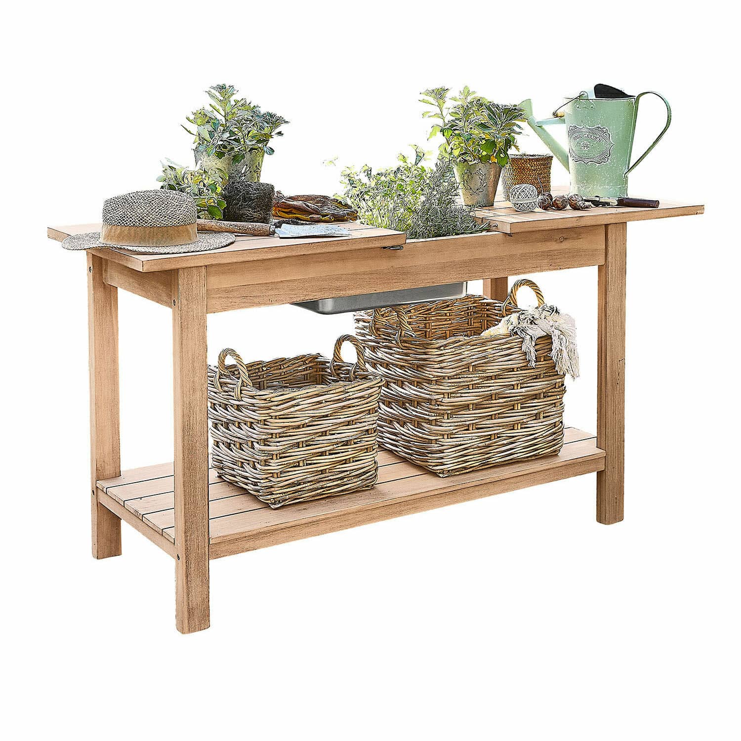 Plantentafel FSC®-100% Venzone Houten tuintafel met rieten manden en groene planten, voorzien van tuingereedschap