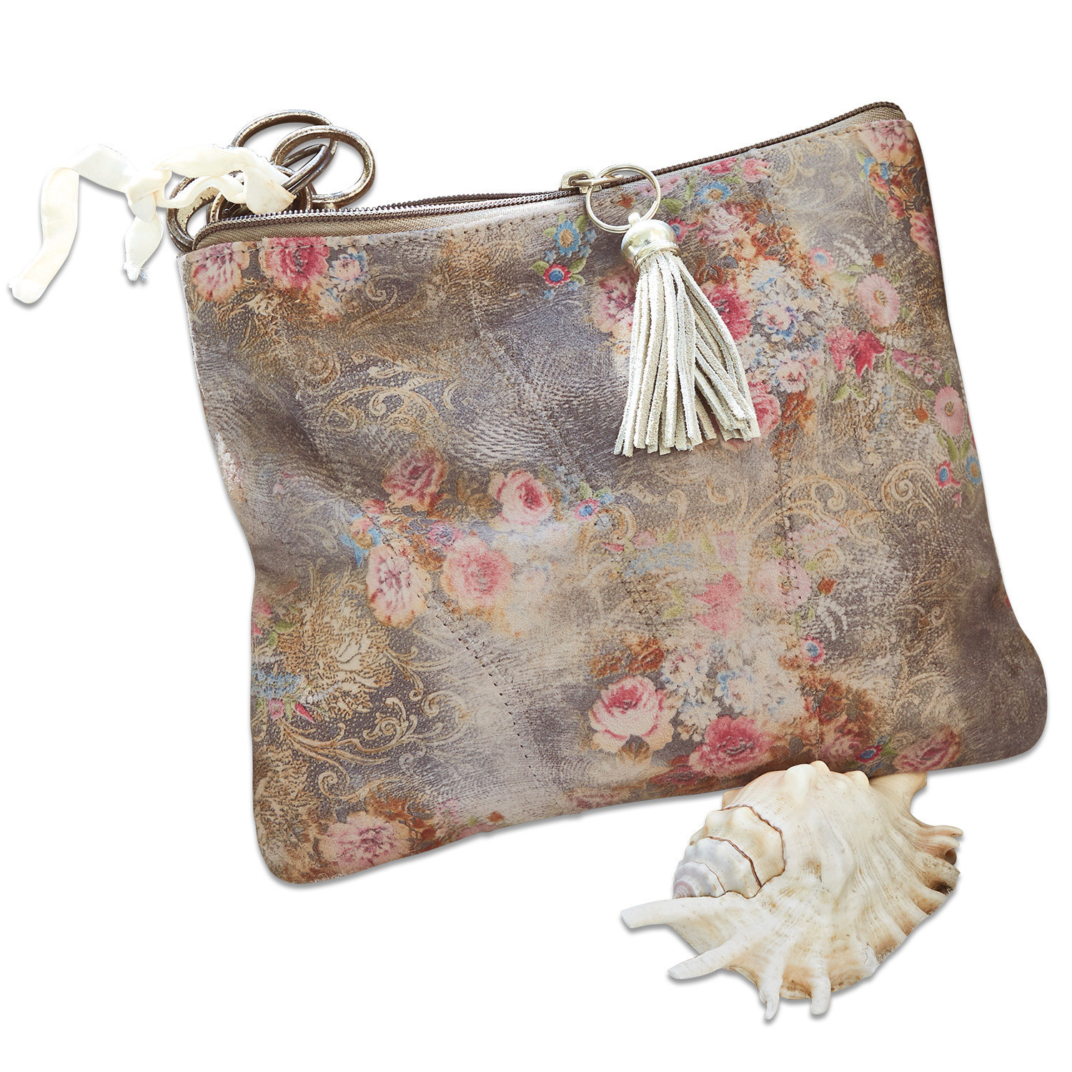 Tasje Ottilie Suède tas in beige-bruin met bloemenpatroon, kwastje en ritssluiting