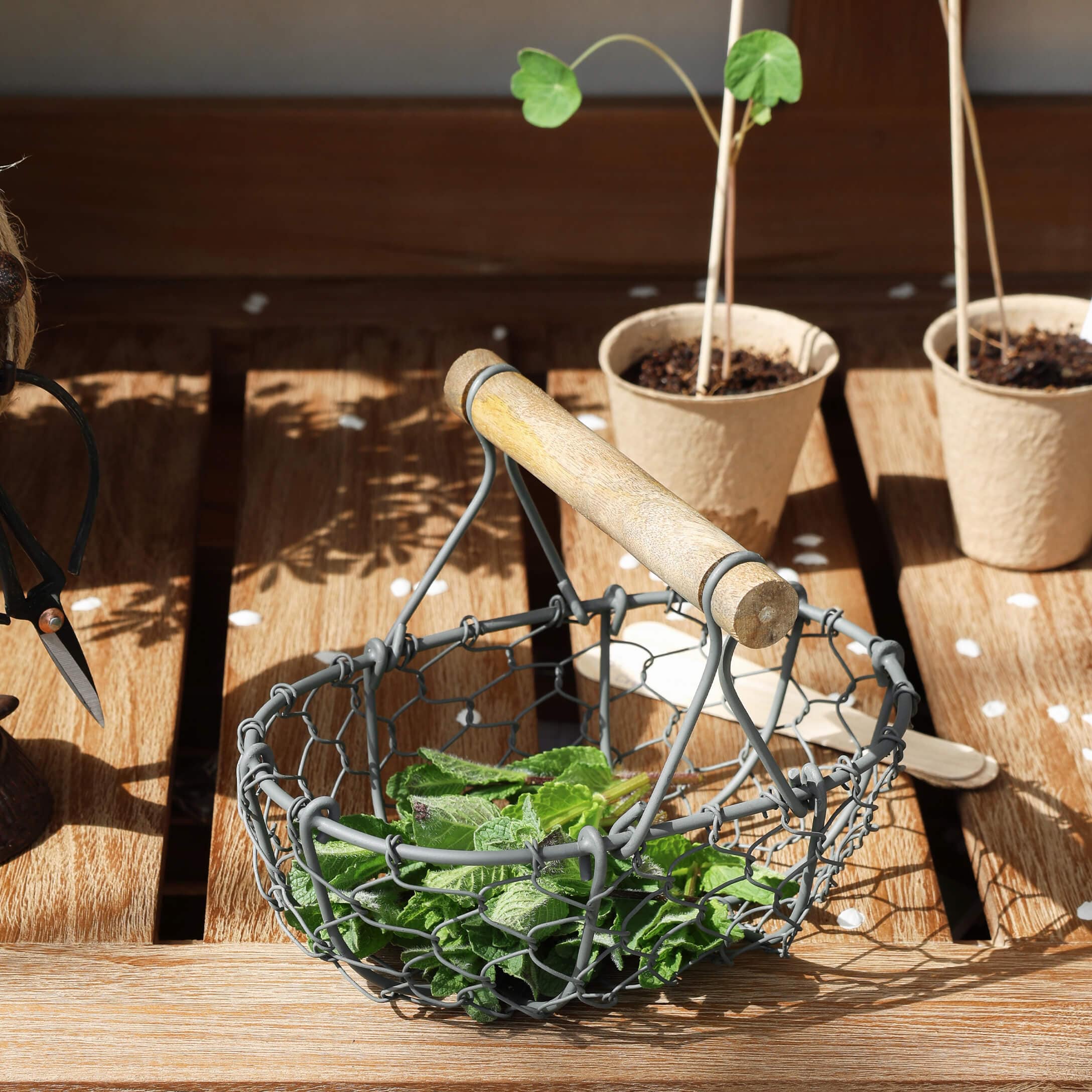 Metalen mand met houten handvat en groene bladeren op houten tafel voor tuin