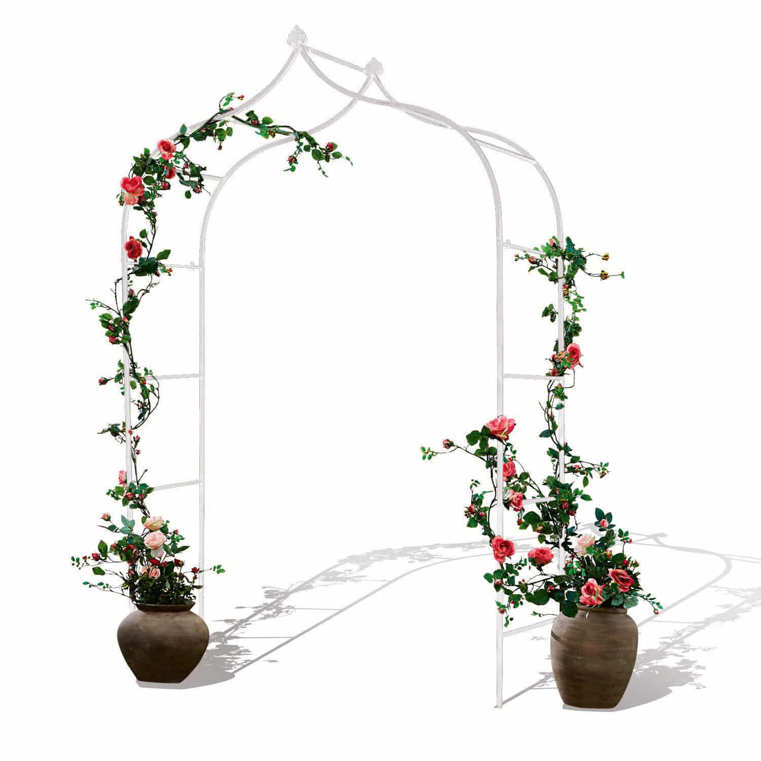 Antiekwitte metalen tuinboog Dimarus met decoratieve rozen in potten, ideaal voor de tuin