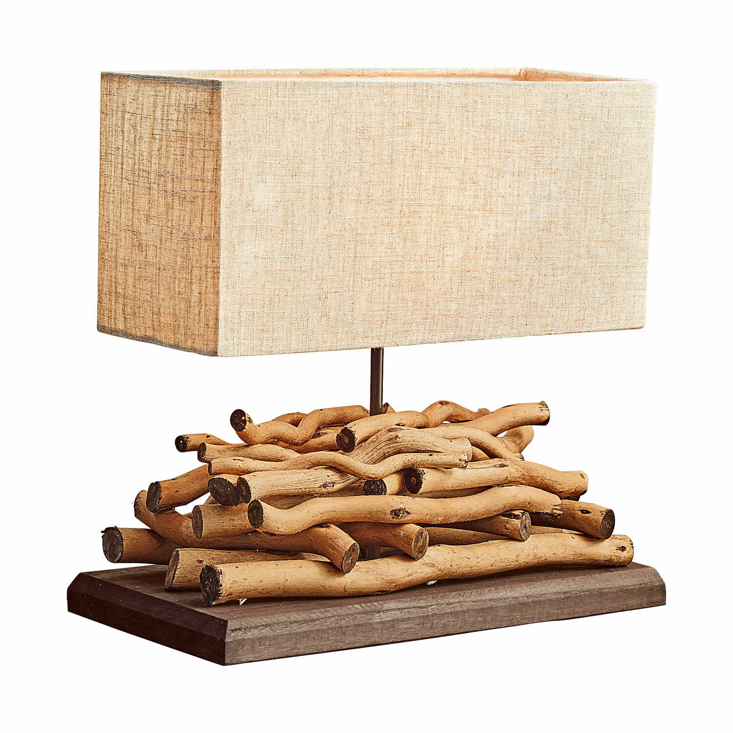 Tafellamp Caribou Tafellamp met beige kap en natuurlijke houten basis in rustieke stijl