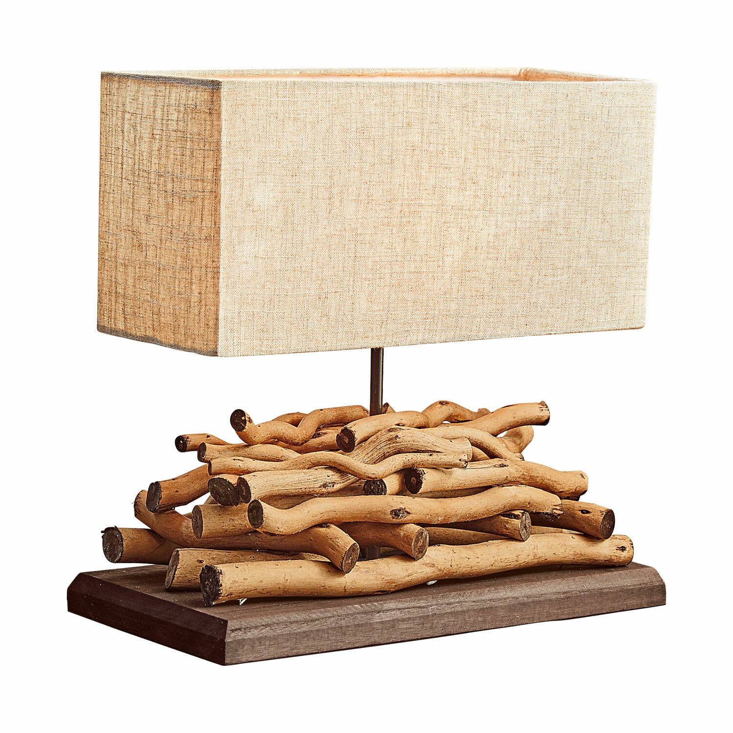 Tafellamp Caribou Tafellamp met beige kap en natuurlijke houten basis in rustieke stijl