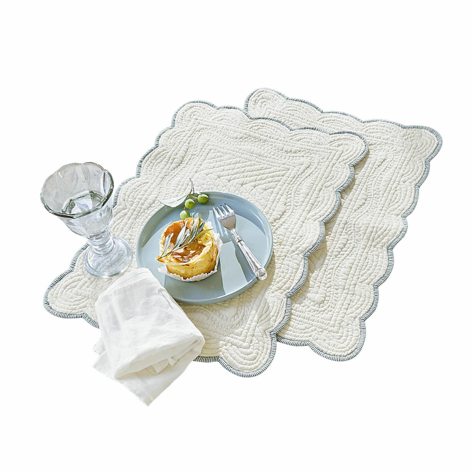Placemat set van 2 Fontienne Set van twee crèmekleurige katoenen placemats met decoratieve quilting en grijze rand
