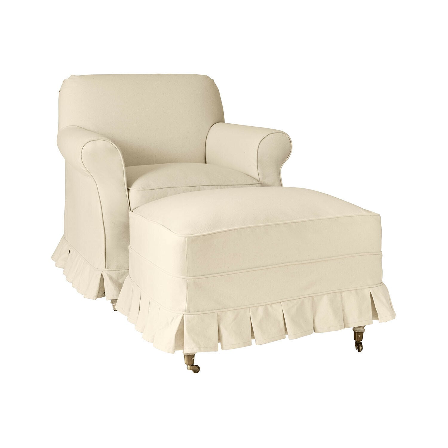 Beige fauteuil met voetenbank van katoenen stof met volant, comfortabele zitmeubel