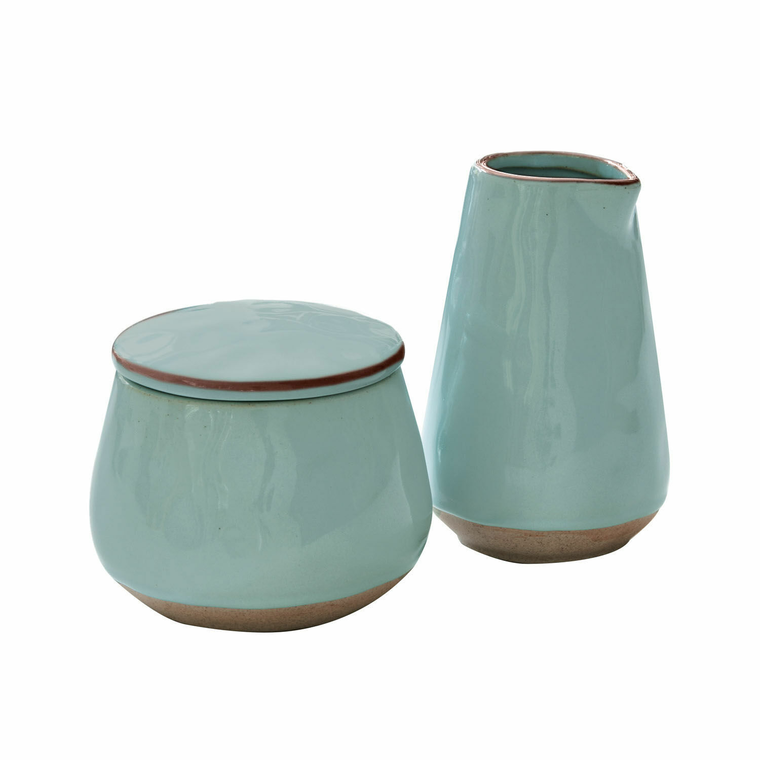 turquoise Turquoise keramische suikerpot en melkkan met natuurlijke bruine bodem