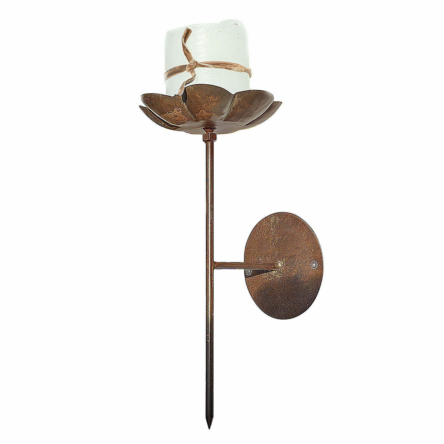 Wandkandelaar Viverto Metalen wandkandelaar in roestkleur met witte kaars en stoffen strik, decoratief wandobject