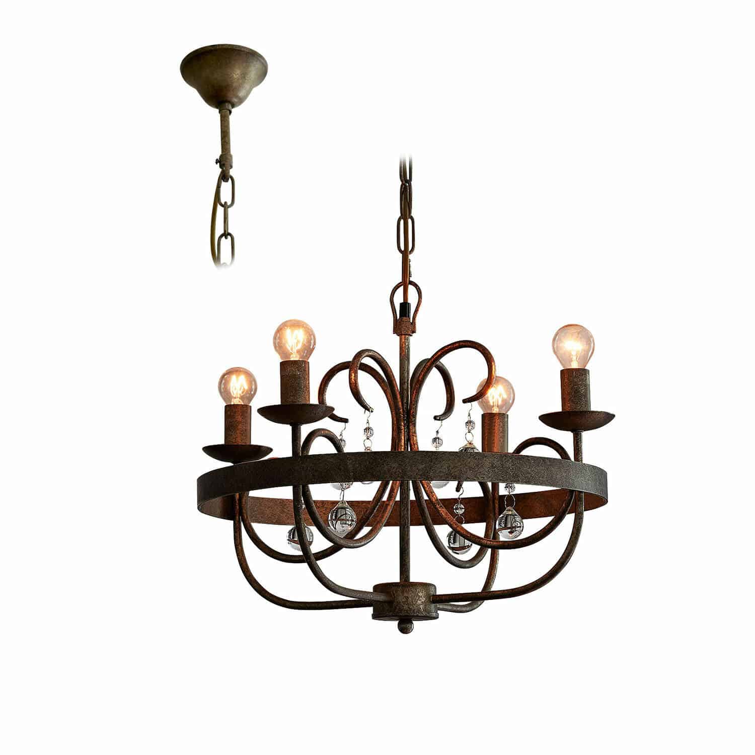 Kroonluchter Windscombe Rustieke metalen kroonluchter in roestkleur met vijf lampen en decoratieve kristallen