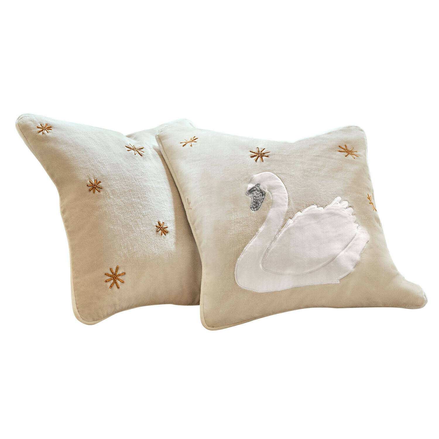 Kussenhoes set van 2 Elarin Beige sierkussen met geborduurde witte zwaan en gouden sterren, zachte stof voor woonruimte