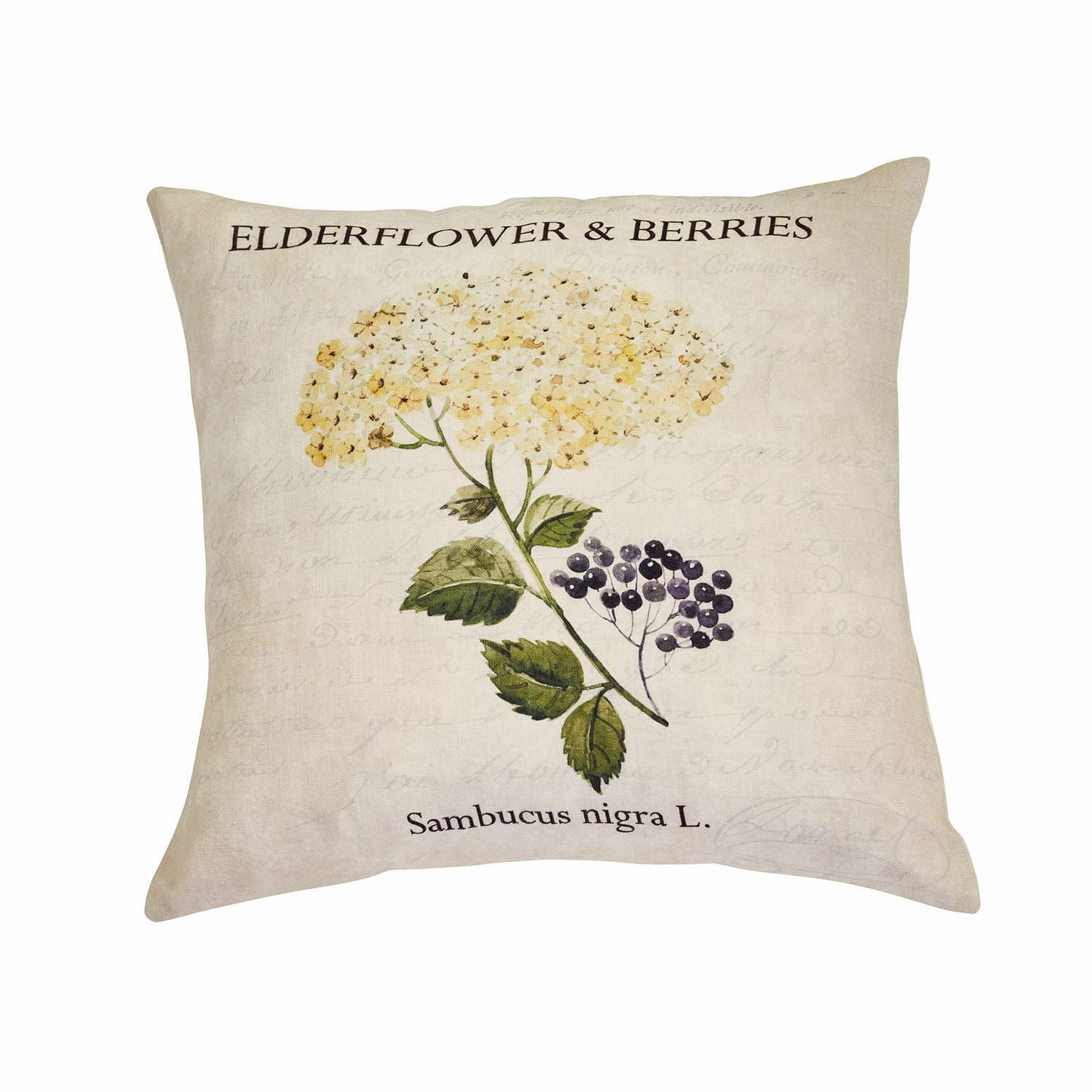 Kussenhoes Sambucus Beige linnen kussen met print van vlierbloesem en bessen, decoratief woonaccessoire
