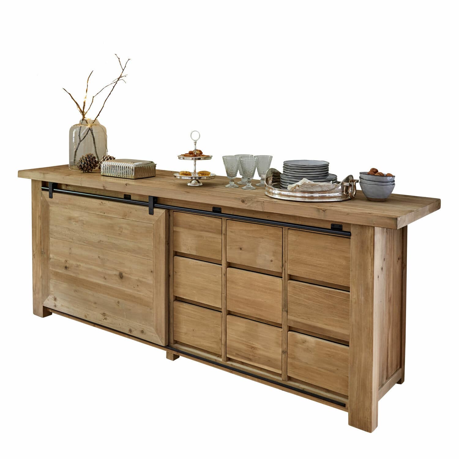 Dressoir Orleans Houten dressoir met schuifdeuren en lades in natuurlijke kleur, meubel voor woonkamer