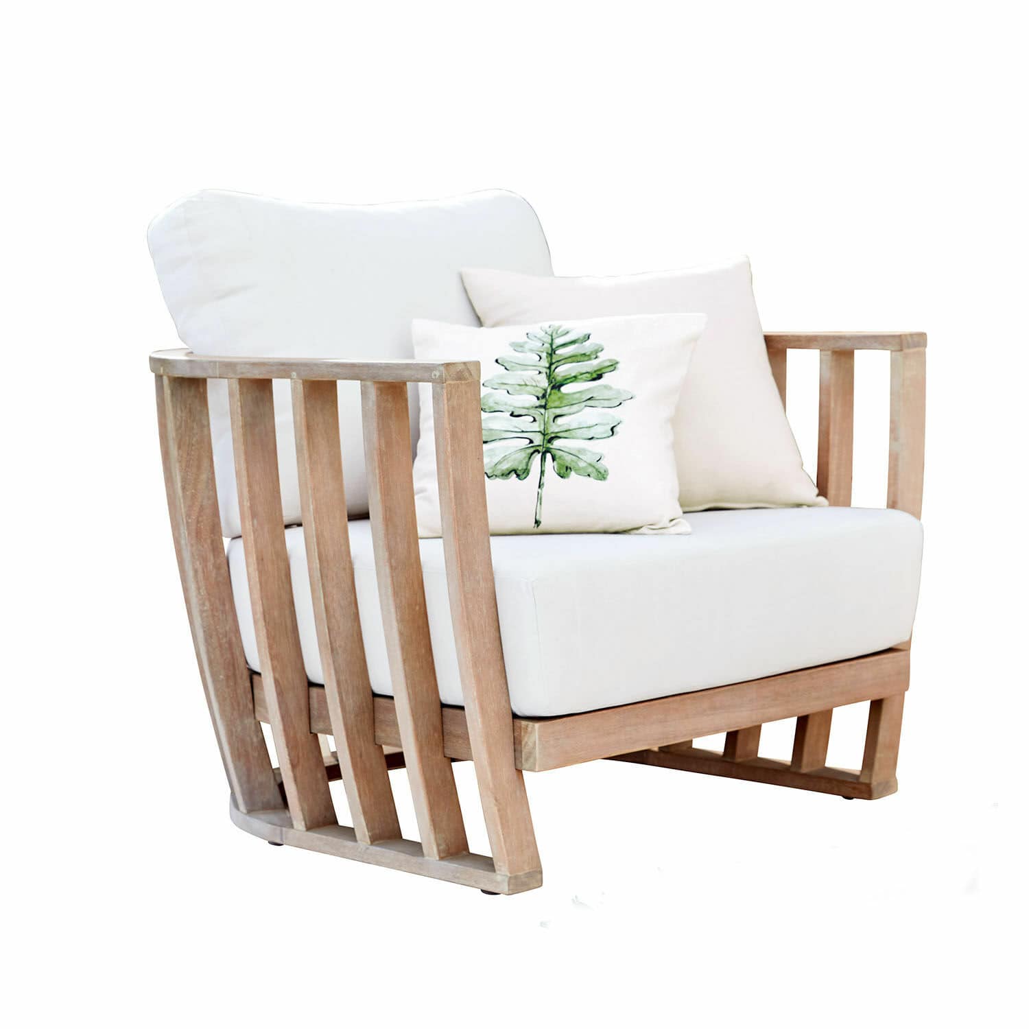 Fauteuil FSC®-100% Vézère Teakhouten fauteuil met witte bekleding en kussens, moderne comfortabele zitmeubel