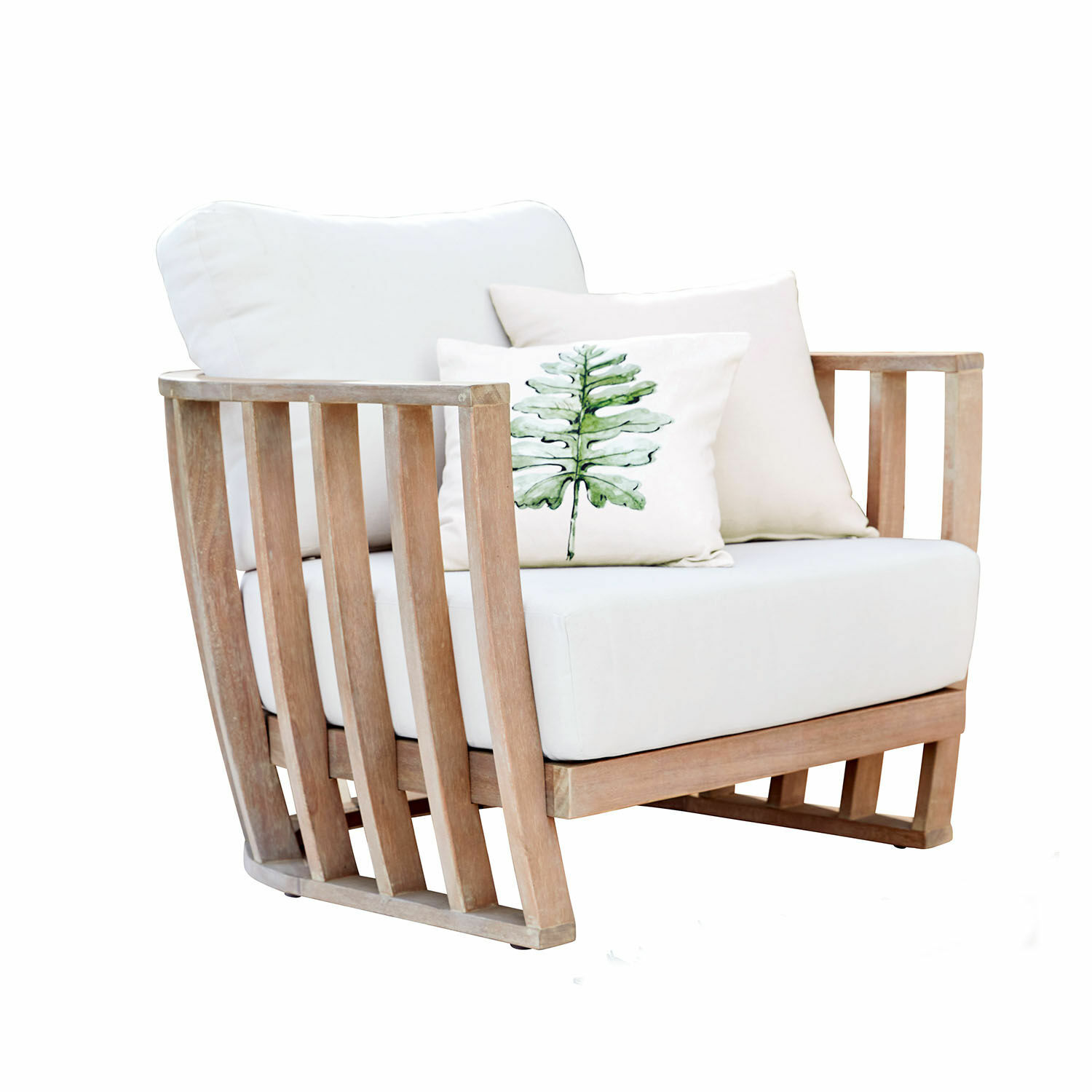 Fauteuil FSC®-100% Vézère Teakhouten fauteuil met witte bekleding en kussens, moderne comfortabele zitmeubel